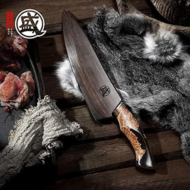 Mitsumoto Sakari 8 Inch Hand-Forged Japanese Gyuto Chef Knife Professional 440C Damascus Kitchen Knife Advanced Art Forging Meat Cleaver Chef'S Knives (Maplewood Handle & Sandalwood Box)