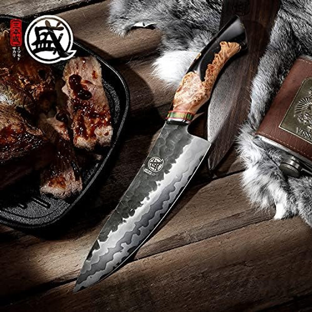 Mitsumoto Sakari 8 Inch Hand-Forged Japanese Gyuto Chef Knife Professional 440C Damascus Kitchen Knife Advanced Art Forging Meat Cleaver Chef'S Knives (Maplewood Handle & Sandalwood Box)