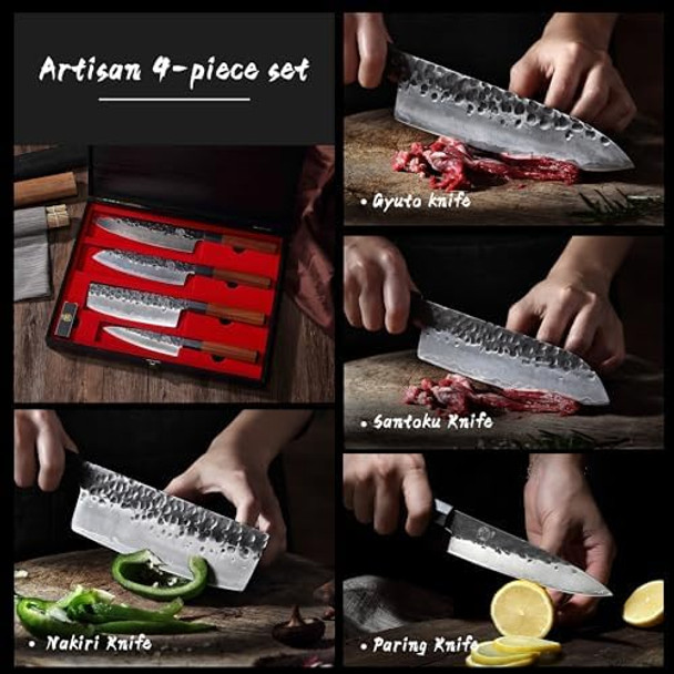 Mitsumoto Sakari Japanese Chef'S Knife Set 4 Pcs Professional Hand Forged Kitchen Chef Knife Set High Carbon Ultra Sharp Cooking Chefs Knife Set (Rosewood Handle & Sandalwood Box)