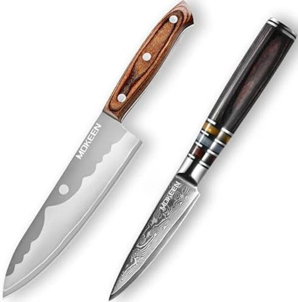Chef Knife 6.7 Inch And Damascus Paring Knife 3.5 Inch Wood Handle Ultra Sharpultra Sharp -15° Edge Kitchen Knife - Blue Box - Hrc60-62