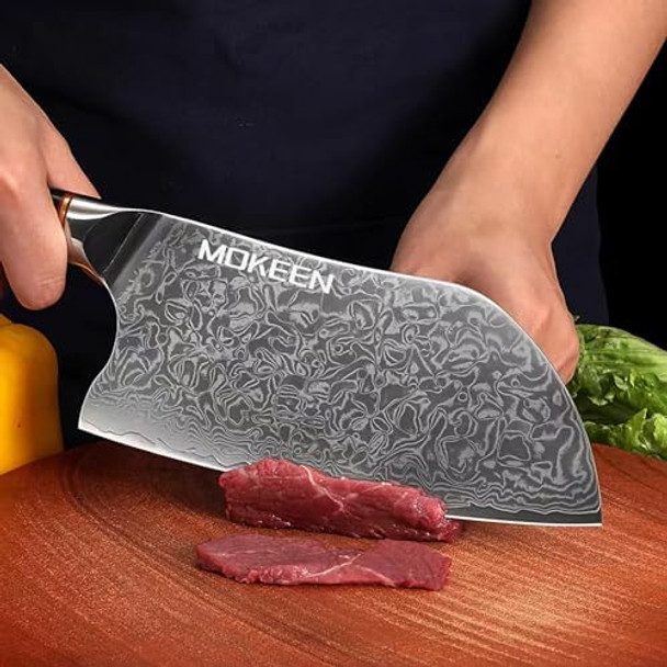 Damascus Cleaver Knife 7 Inch And Damascus Chef Knife 8 Inch Ultra Sharp - Lightweight Wood Handle - Blue Box