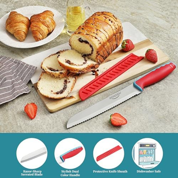 Bread Knife With Sheath 8 Inch Serrated Bread Knife For Homemade Bread Bread Cutter With Ergonomic Dual-Color Handle Great For Slicing Homemade Bread Bagels Cake (8 Inch)