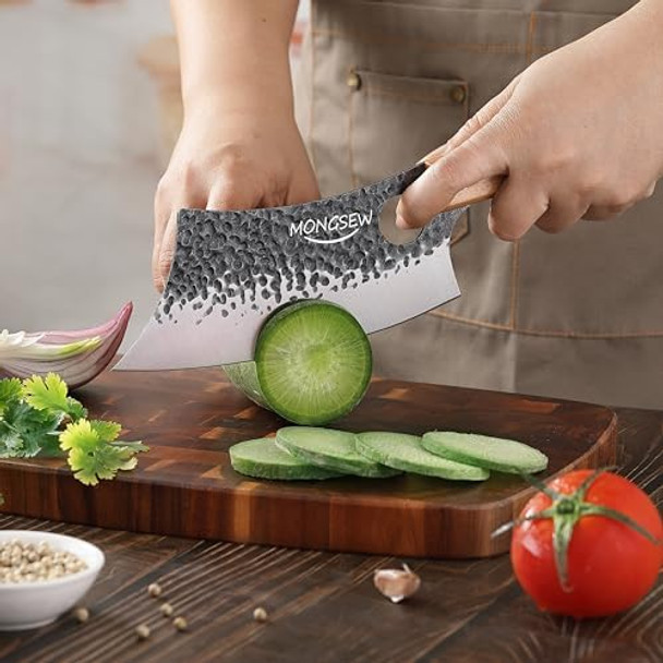 3Pcs Butcher Viking Knife Set Hand Forged 7" Serbian Chef Knife 7" Butcher Meat Cleaver 6.5" Viking Knife (Smile Dog Pattern)
