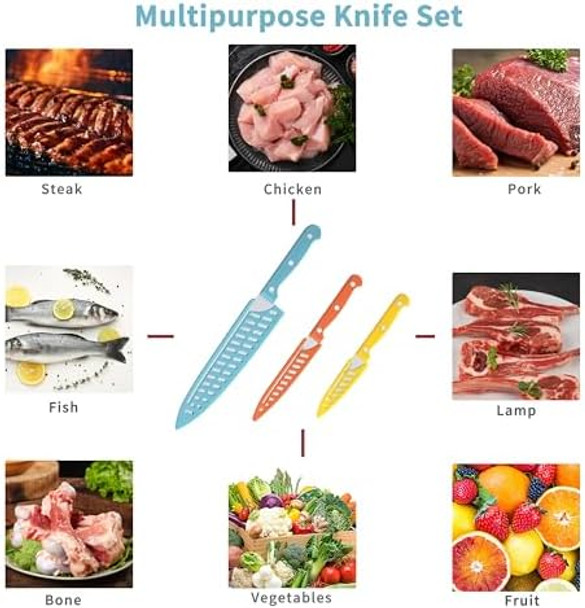 3Pcs Kitchen Knife Stainless Steel Chef Knife Set Ultra Sharp Knives With Plastic Handle (Blue Orange Yellow)