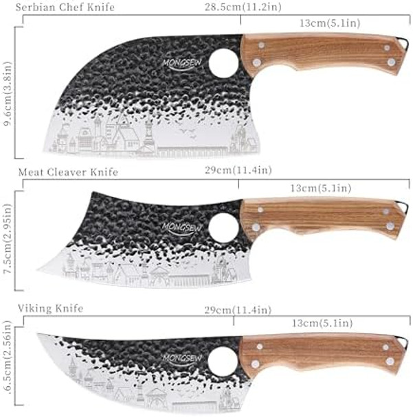 3 Pcs Butcher Knife Set 7" Butcher Meat Cleaver 7" Serbian Chef Knife And 6.5" Viking Knife Stainless Steel Cooking Cutting Kitchen Knife Set With Wood Handle Great For Home Camping Bbq