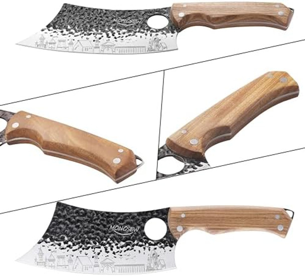 3 Pcs Butcher Knife Set 7" Butcher Meat Cleaver 7" Serbian Chef Knife And 6.5" Viking Knife Stainless Steel Cooking Cutting Kitchen Knife Set With Wood Handle Great For Home Camping Bbq