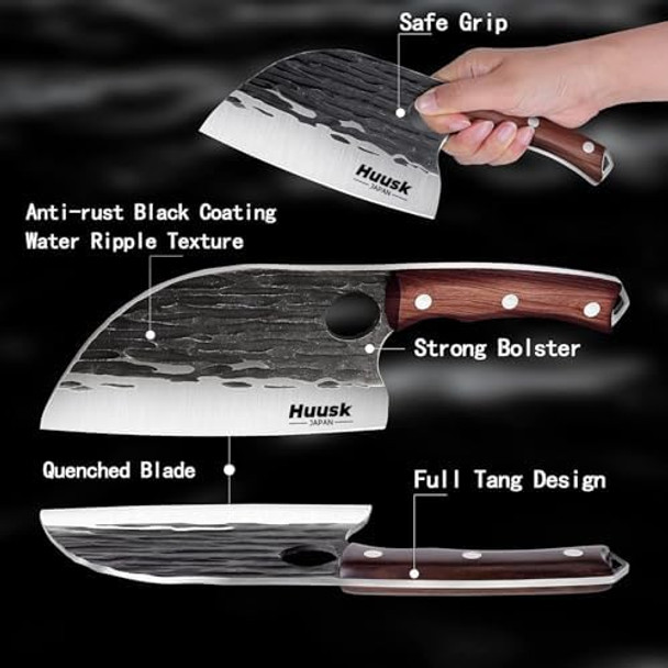 Huusk Serbian Chef Knife With Sheath - Japanese Meat Cleaver For Meat Cutting Hand Forged Butcher Knife With Wood Handle Full Tang Chopping Cleaver For Kitchen Outdoor Bbq Camping For Men Dad