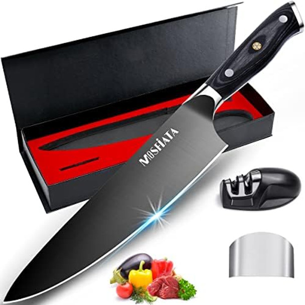 Mosfiata 8” Super Sharp Titanium Plated Chef'S Knife For Kitchen With Finger Guard And Knife Sharpener In Box High Carbon German Stainless Steel En1.4116 Titanium Coated Stylish Cooking Knife