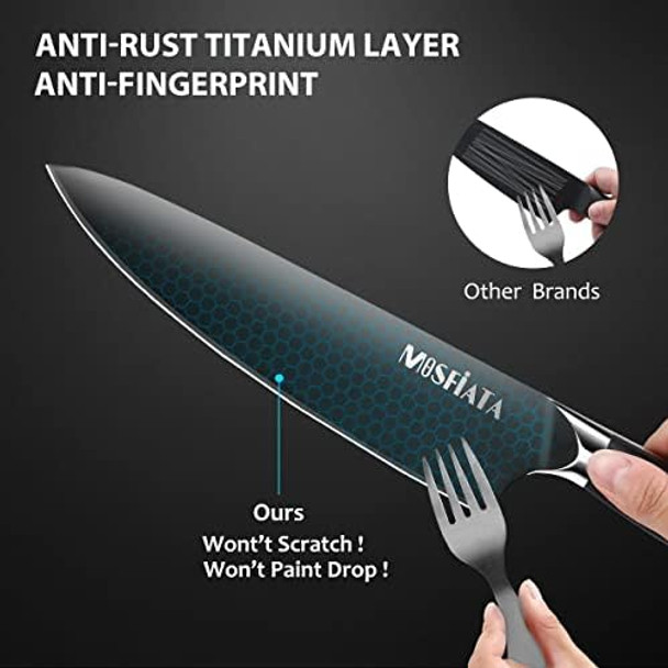 Mosfiata 8” Super Sharp Titanium Plated Chef'S Knife For Kitchen With Finger Guard And Knife Sharpener In Box High Carbon German Stainless Steel En1.4116 Titanium Coated Stylish Cooking Knife Mosfiata 8” Super Sharp Titanium Plated Chef'S Knife For Kitchen With Finger Guard And Knife Sharpener In Box High Carbon German Stainless Steel En1.4116 Titanium Coated Stylish Cooking Knife