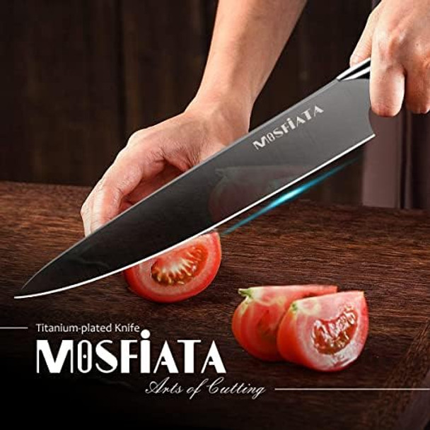 Mosfiata 8” Super Sharp Titanium Plated Chef'S Knife For Kitchen With Finger Guard And Knife Sharpener In Box High Carbon German Stainless Steel En1.4116 Titanium Coated Stylish Cooking Knife Mosfiata 8” Super Sharp Titanium Plated Chef'S Knife For Kitchen With Finger Guard And Knife Sharpener In Box High Carbon German Stainless Steel En1.4116 Titanium Coated Stylish Cooking Knife