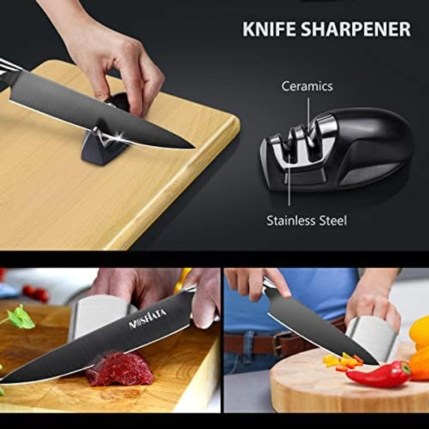 Mosfiata 8” Super Sharp Titanium Plated Chef'S Knife For Kitchen With Finger Guard And Knife Sharpener In Box High Carbon German Stainless Steel En1.4116 Titanium Coated Stylish Cooking Knife Mosfiata 8” Super Sharp Titanium Plated Chef'S Knife For Kitchen With Finger Guard And Knife Sharpener In Box High Carbon German Stainless Steel En1.4116 Titanium Coated Stylish Cooking Knife