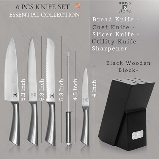 Moss & Stone Professional Kitchen Knife Chef Set 6 Pcs Small Knife Set With Block Premium Kitchen Knife Set Stainless Steel Scratch Resistant & Rust Proof Knife Block With Sharp Cooking Knives Bun