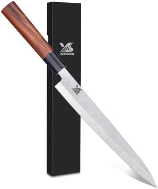 Msy Bigsunny 10" Yanagiba Sushi Knife - Stainless Steel With Rose Wood Handle - Professional Slicing Chef Knife For Sashimi