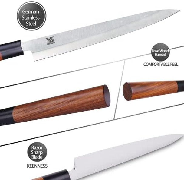Msy Bigsunny 10" Yanagiba Sushi Knife - Stainless Steel With Rose Wood Handle - Professional Slicing Chef Knife For Sashimi