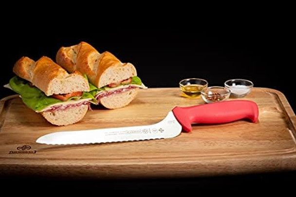 Mundial R5620-9E 9 In Offset Serrated Bread Or Sandwich Knife With Red Handle