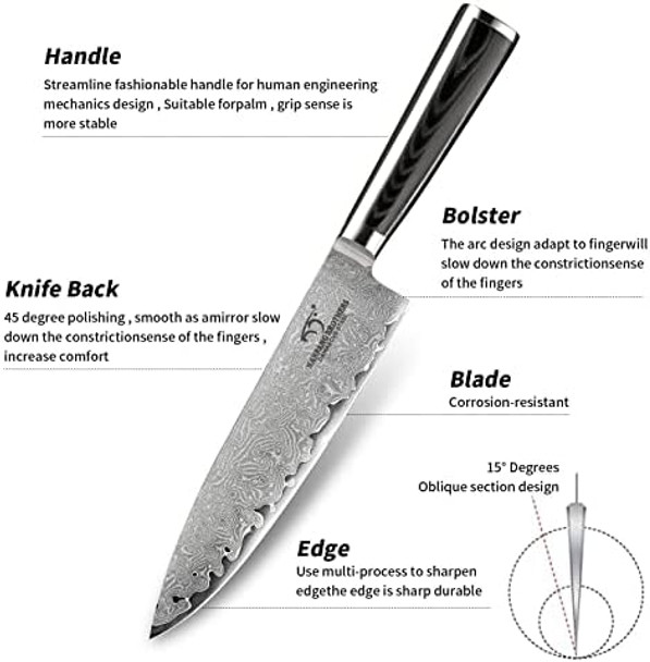 Chef'S Knife Set With Box - 4 Pieces Damascus Kitchen Knives Vg10 Steel Professional Set With Non-Slip Micarta Handle Knife Sharpener Included Chef'S Knife Set With Box - 4 Pieces Damascus Kitchen Knives Vg10 Steel Professional Set With Non-Slip Micarta Handle Knife Sharpener Included