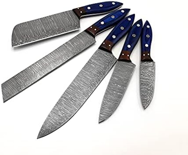 Handmade Damascus Kitchen Knife Set 5 Pieces Full Tang Rosewood Bolster With Pakka Wood Handle Chef Knife Set Restaurant Kitchen Knives Home Kitchen Knives Set With Leather Bag By Nooraki #Ks311