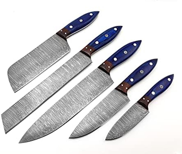 Handmade Damascus Kitchen Knife Set 5 Pieces Full Tang Rosewood Bolster With Pakka Wood Handle Chef Knife Set Restaurant Kitchen Knives Home Kitchen Knives Set With Leather Bag By Nooraki #Ks311