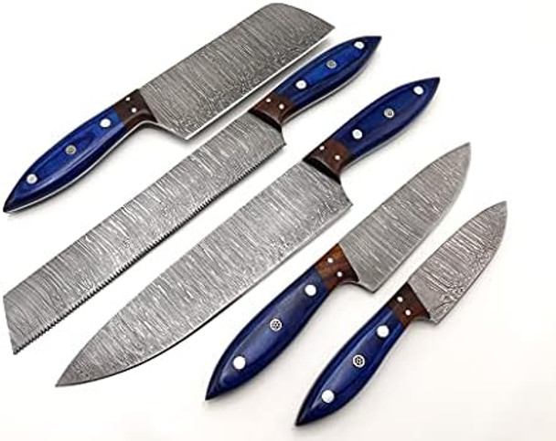 Handmade Damascus Kitchen Knife Set 5 Pieces Full Tang Rosewood Bolster With Pakka Wood Handle Chef Knife Set Restaurant Kitchen Knives Home Kitchen Knives Set With Leather Bag By Nooraki #Ks311