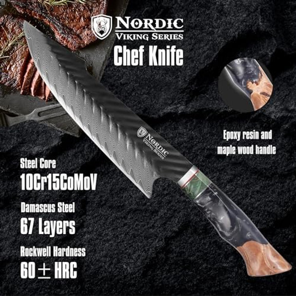 Nordic Viking Series Professional 8 Inch Chef Knife Damascus Chef Knife 67 Layers Hand Forged Chef Knife With Resin And Maple Wood Handle And Leather Sheath