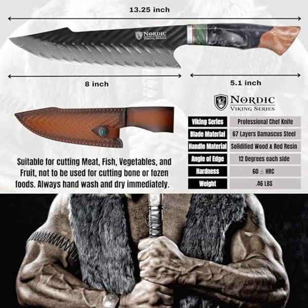 Nordic Viking Series Professional 8 Inch Chef Knife Damascus Chef Knife 67 Layers Hand Forged Chef Knife With Resin And Maple Wood Handle And Leather Sheath