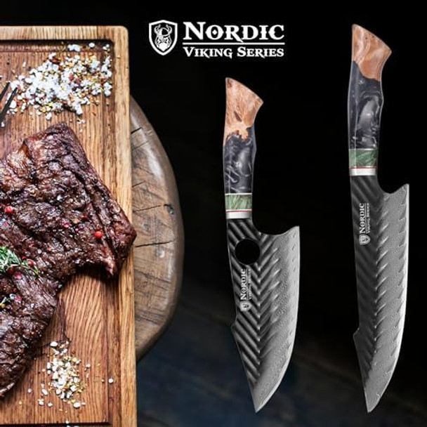 Nordic Viking Series Professional 8 Inch Chef Knife Damascus Chef Knife 67 Layers Hand Forged Chef Knife With Resin And Maple Wood Handle And Leather Sheath