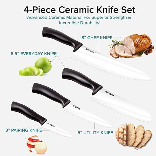 Nuwave 4-Piece White Ceramic Set – Includes 3” Paring Knife 5” Utility Knife 6.5” Everyday Knife & 8” Chef’S Knife Ideal Super Sharp Kitchen Knives Rust Proof With Ergonomic Handles