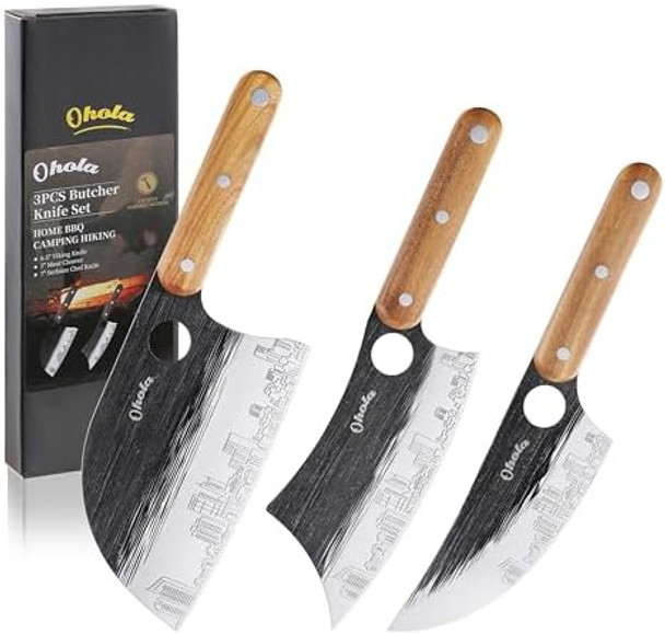 3Pcs Butcher Knife Set Ohola Stainless Steel Butcher Knife Set With Wooden Handle 7" Serbian Chef Knife 7" Butcher Meat Cleaver And 6.5" Viking Knife (Unique Finger Hole & Stylish Pattern)
