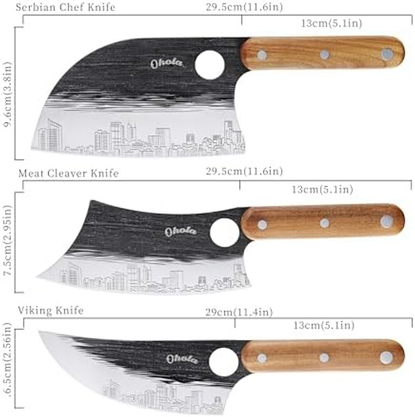 3Pcs Butcher Knife Set Ohola Stainless Steel Butcher Knife Set With Wooden Handle 7" Serbian Chef Knife 7" Butcher Meat Cleaver And 6.5" Viking Knife (Unique Finger Hole & Stylish Pattern)