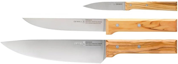 Opinel Parallele Olive Wood Kitchen Knives Bread Knife Carving Knife Chef Knife Paring Knife Single Or Trio Box Set Made In France (Trio Set)