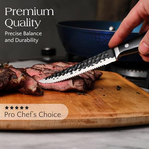 Hammered High Carbon Steel Steak Knives Set- Non-Stick Tsuchimi Blade Texture Ergonomic Handle Professional Sharpness For Precision Cutting - Includes Chef Bread And Utility