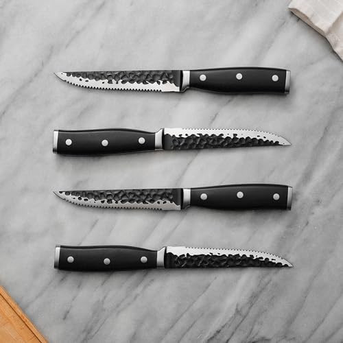 Hammered High Carbon Steel Steak Knives Set- Non-Stick Tsuchimi Blade Texture Ergonomic Handle Professional Sharpness For Precision Cutting - Includes Chef Bread And Utility