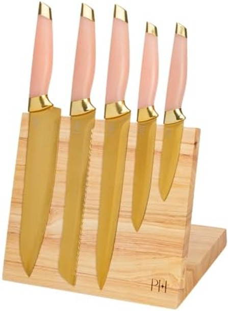 Paris Hilton Knife Block Set With Magnetic Wooden Knife Block High Carbon Stainless Steel Blades With Titanium Coating Sleek Comfortable Grip Handles 6-Piece Set Pink And Gold