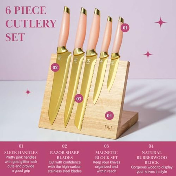 Paris Hilton Knife Block Set With Magnetic Wooden Knife Block High Carbon Stainless Steel Blades With Titanium Coating Sleek Comfortable Grip Handles 6-Piece Set Pink And Gold