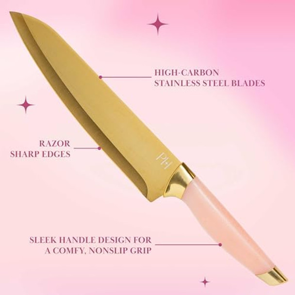 Paris Hilton Knife Block Set With Magnetic Wooden Knife Block High Carbon Stainless Steel Blades With Titanium Coating Sleek Comfortable Grip Handles 6-Piece Set Pink And Gold