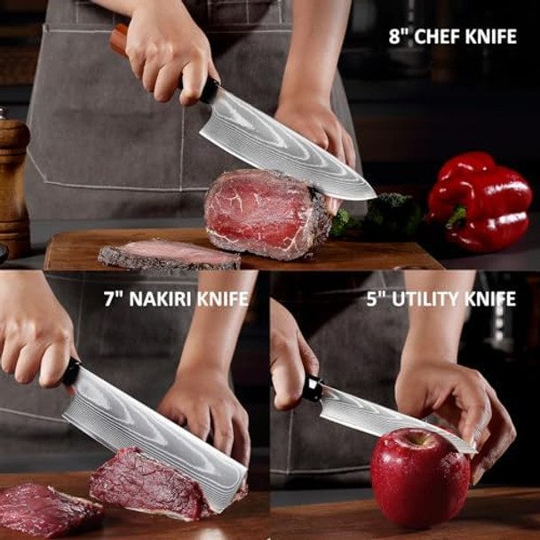 Damascus Knife Set 3-Piecedamascus Kitchen Knife Set With 67 Layers Damascus Steel Kitchen Knifeultra Sharp Japanese Knife Set With Ergonomic Ruby Ebony Handle