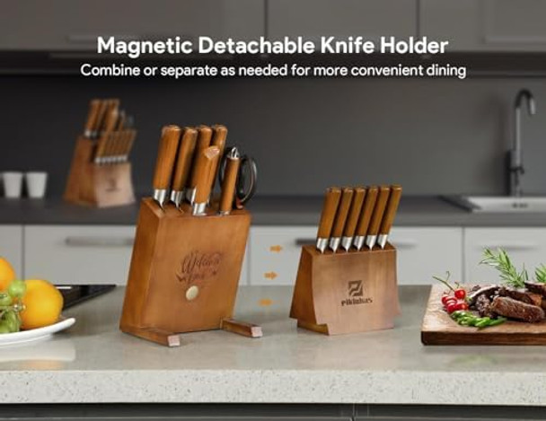 Kitchen Knife Sets With Block Piklohas 15 Pieces Knife Sets With Magnetic Detachable Knife Holder High Carbon Steel Damascus Pattern Chef Knife Set With Steak Knives Ideal For House Warming