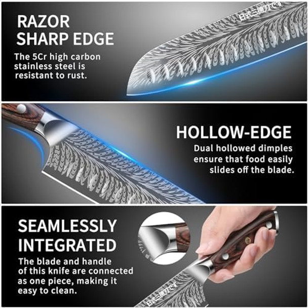 Plys Sharp Santoku Knife For Kitchen: Japanese 7 Inch Professional Chef Knives Stainless Steel Sharp Cutting Meat Cooking Cleaver