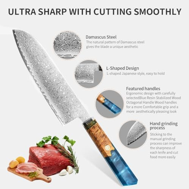 7 Inch Professional Damascus Steel Kitchen Santoku Chef Knife With Hybrid Wood Handle