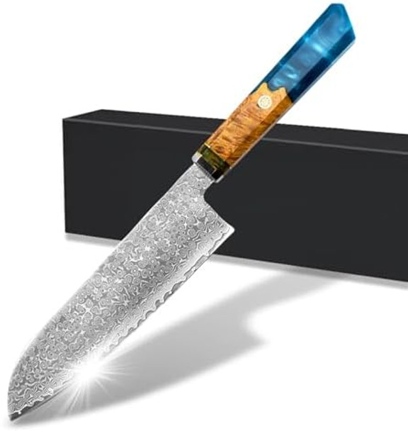 7 Inch Professional Damascus Steel Kitchen Santoku Chef Knife With Hybrid Wood Handle