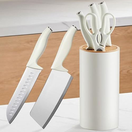 Block Knife Set 5Pc Lightweight Sharp Knife Set Stainless Steel Durable & Dishwasher Safe Home Apartment Rv Kitchen Essentials(Beige White 1.7Lb)