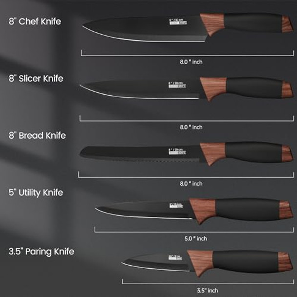 Kitchen Knife Set 5 Pieces Stainless Steel Blades Knife Set With Black Nonstick Coating Ergonomic Sharp Knives For Kitchen And Dishwasher Safe Black
