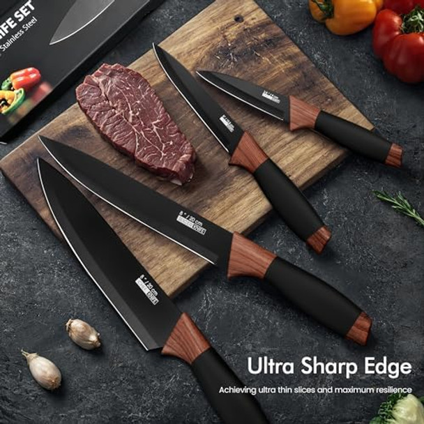 Kitchen Knife Set 5 Pieces Stainless Steel Blades Knife Set With Black Nonstick Coating Ergonomic Sharp Knives For Kitchen And Dishwasher Safe Black