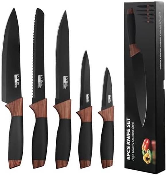 Kitchen Knife Set 5 Pieces Stainless Steel Blades Knife Set With Black Nonstick Coating Ergonomic Sharp Knives For Kitchen And Dishwasher Safe Black Kitchen Knife Set 5 Pieces Stainless Steel Blades Knife Set With Black Nonstick Coating Ergonomic Sharp Knives For Kitchen And Dishwasher Safe Black