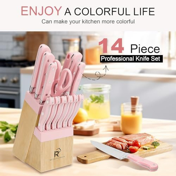 Kitchen Knife Set14-Piece Triple Riveted Knife Block Set High Carbon-Stainless Steel Chef Knife Setrazor-Sharp Knife Set With Wood Blockcutlery Knife Setdurable & Dishwasher Safe (Pink)