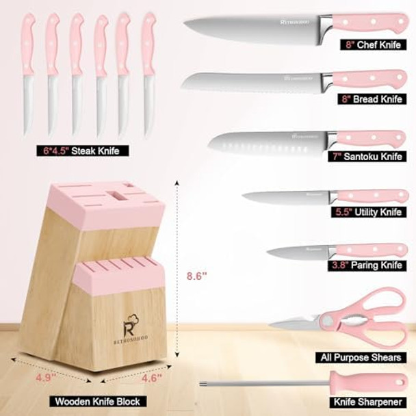 Kitchen Knife Set14-Piece Triple Riveted Knife Block Set High Carbon-Stainless Steel Chef Knife Setrazor-Sharp Knife Set With Wood Blockcutlery Knife Setdurable & Dishwasher Safe (Pink)