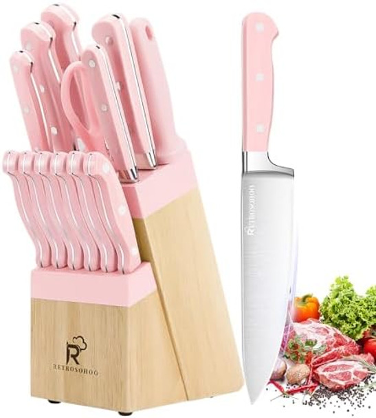 Kitchen Knife Set14-Piece Triple Riveted Knife Block Set High Carbon-Stainless Steel Chef Knife Setrazor-Sharp Knife Set With Wood Blockcutlery Knife Setdurable & Dishwasher Safe (Pink) Kitchen Knife Set14-Piece Triple Riveted Knife Block Set High Carbon-Stainless Steel Chef Knife Setrazor-Sharp Knife Set With Wood Blockcutlery Knife Setdurable & Dishwasher Safe (Pink)