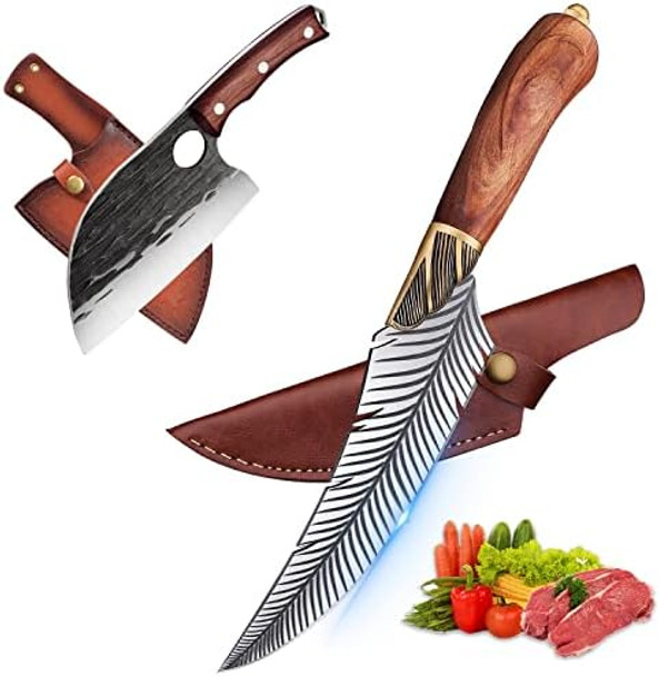 5.9" Feather Knife Serbian Chef Knife Set Forged In Fire Boning Meat Cleaver Knife High Carbon Steel Kitchen Cleaver With Sheath For Outdoor Camping Bbq Collection Christmas Men