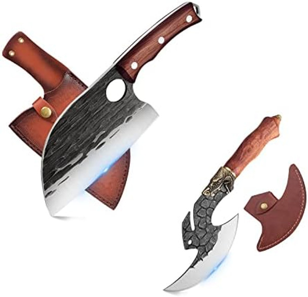 Serbian Chefs Knife Bundle With Butcher Knife For Meat Cutting Kitchen Cooking Outdoor Bbq Camping Hunting Men