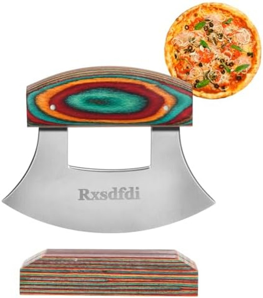 Pizza Cutter Rocker Knife Sharp Ulu Knife With Wooden Handle Stainless Steel Blade Mincing Knives With Colored Wood Stand